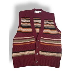 Vintage London Fog Striped Knit Sweater Vest Burgundy Multicolor 90s Grandpa